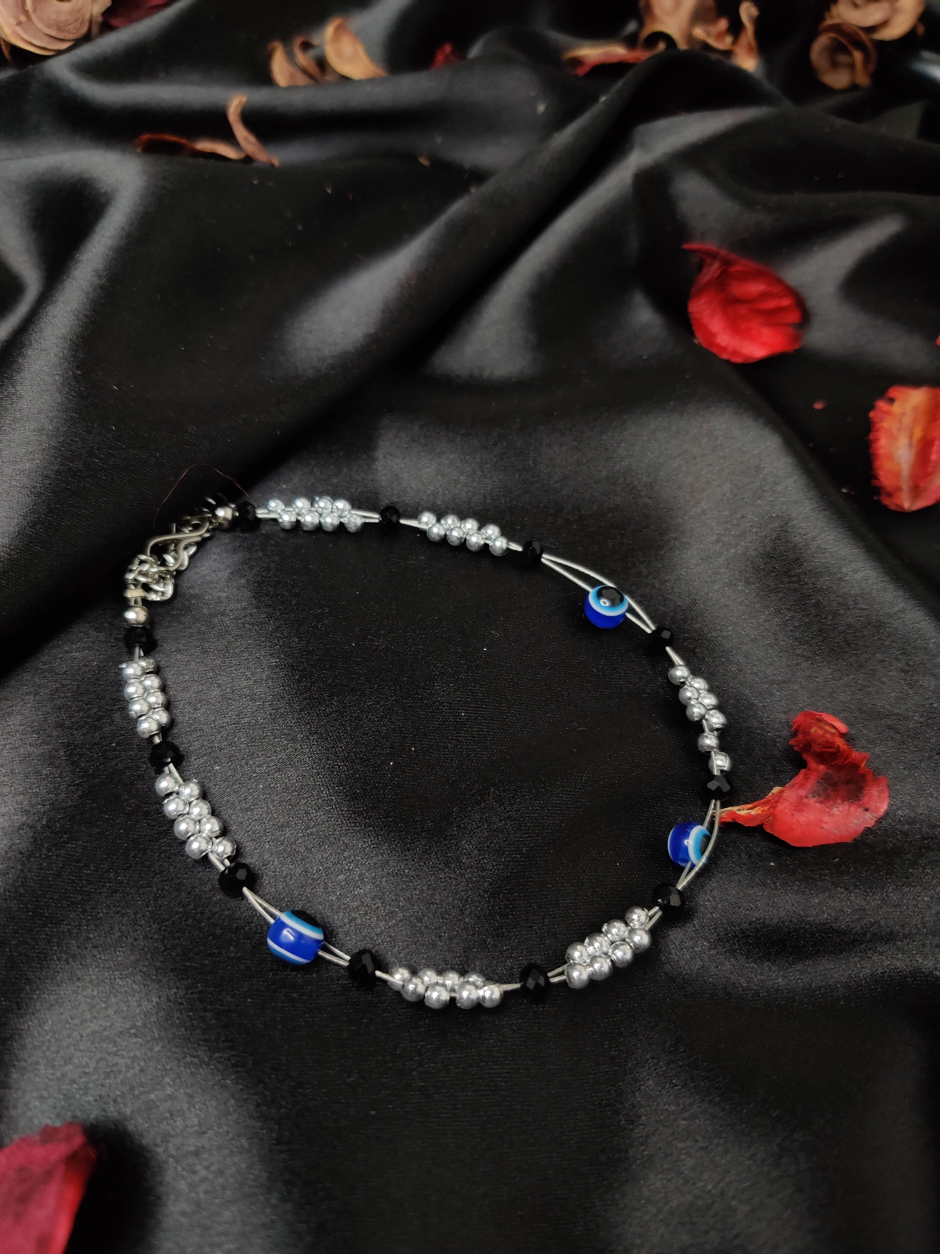 Black And Silver Beaded Anklet For Women
