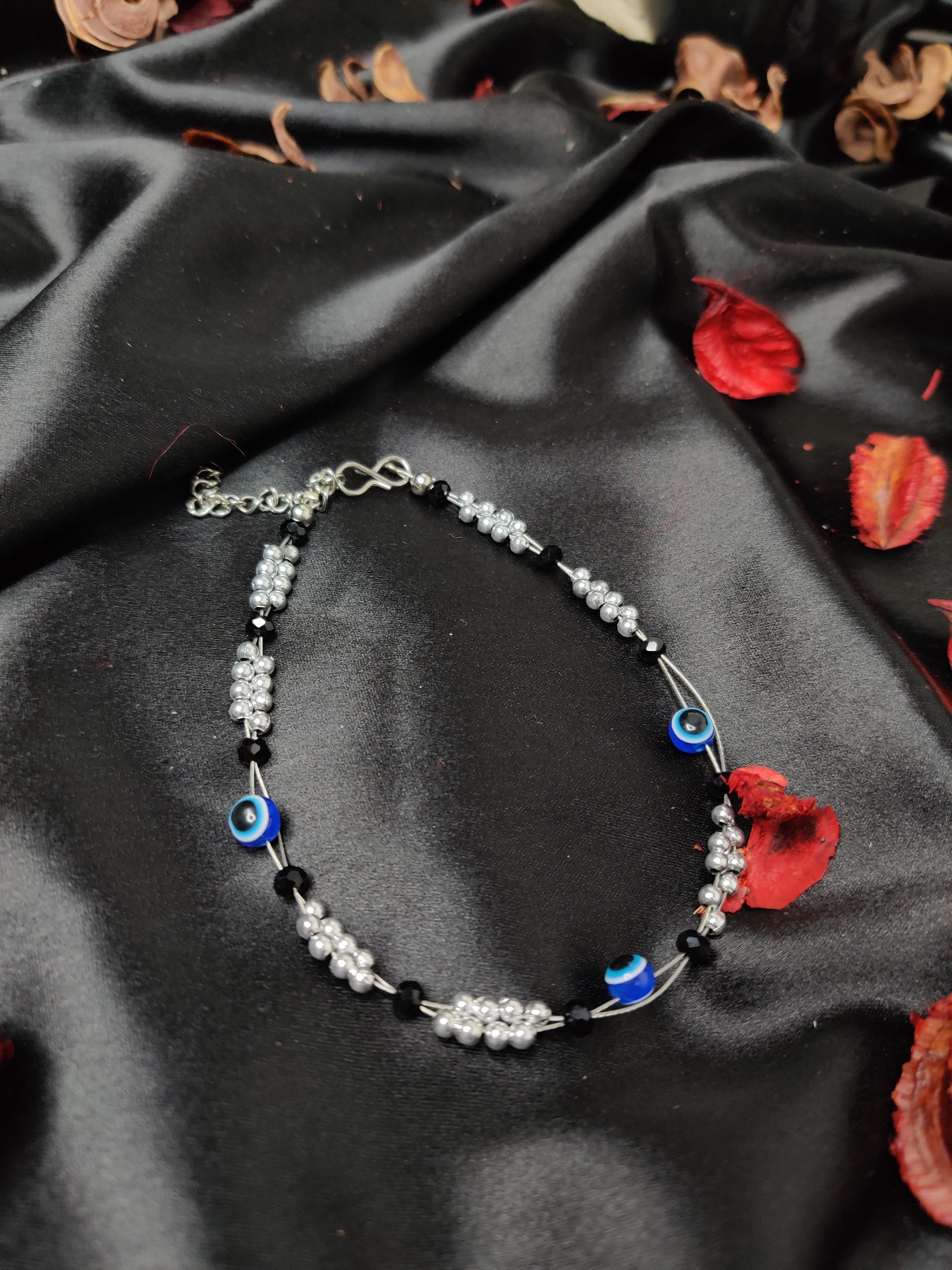 Black And Silver Beaded Anklet For Women