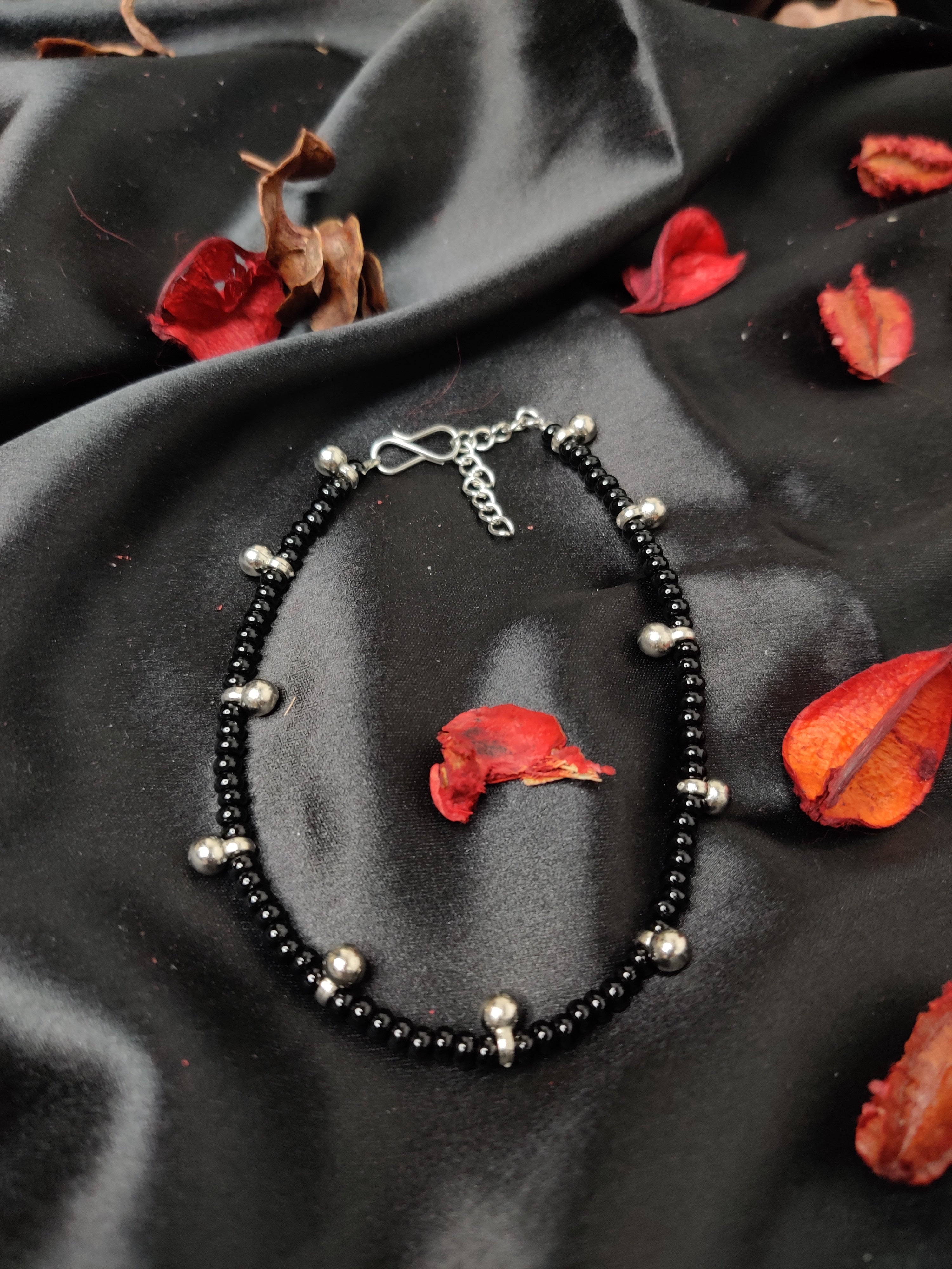 Black And Silver Beaded Anklet For Women