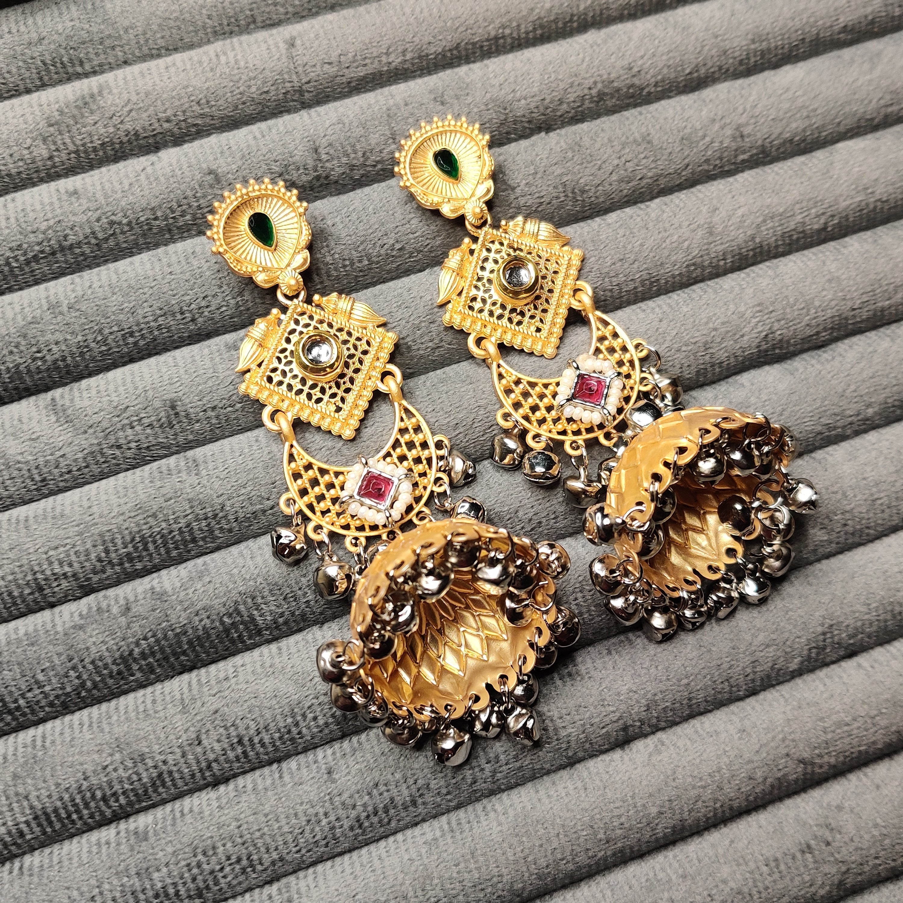 German Silver Luxury Statement Jhumki With Multi Stones