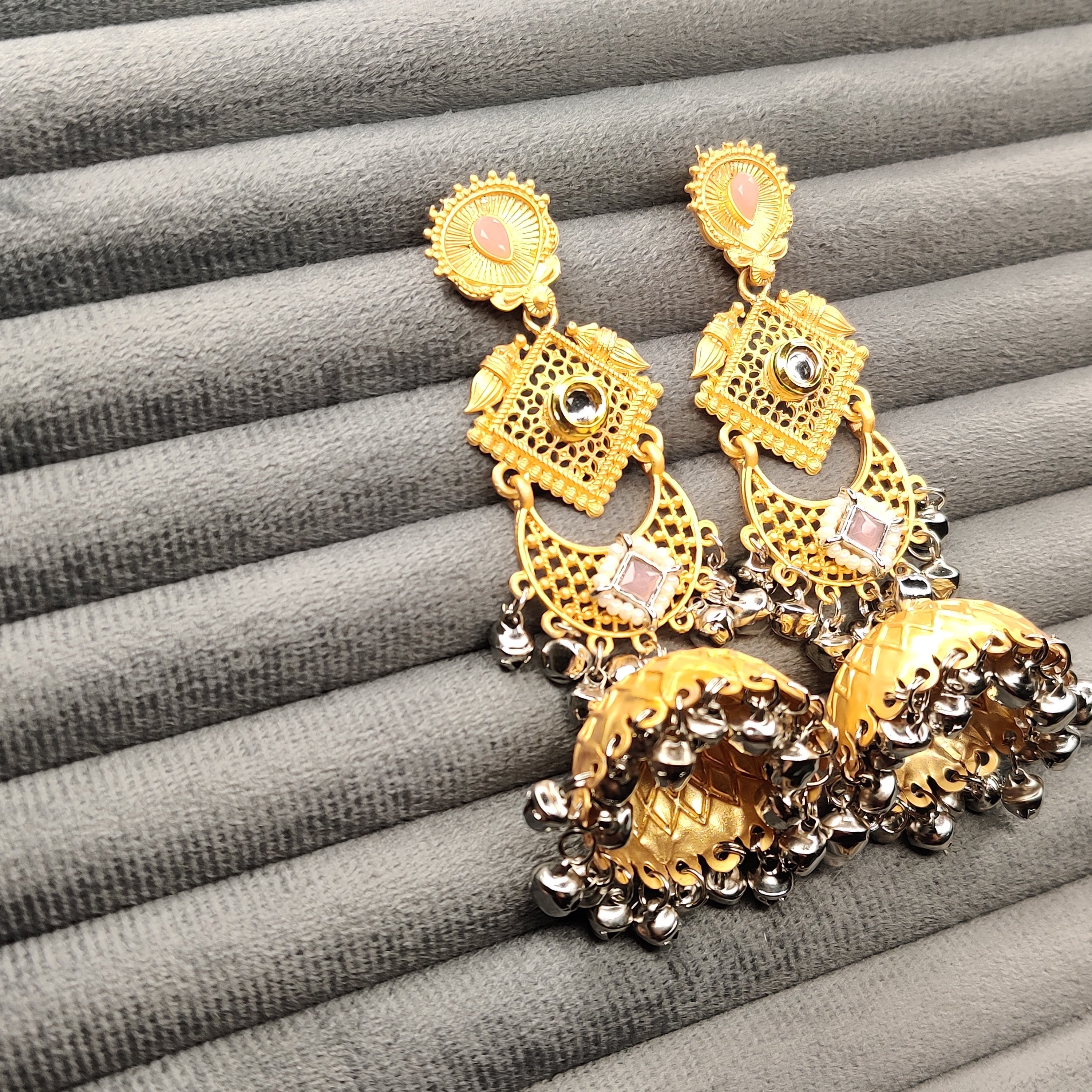 German Silver Luxury Statement Jhumki With Pink Stones