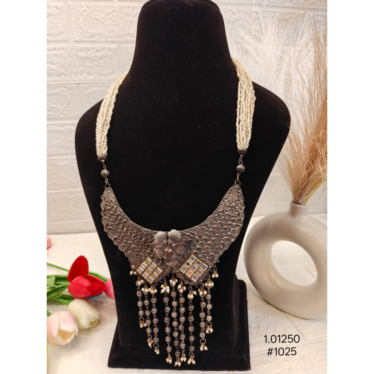 Oxidized  Mirror Statement Necklace