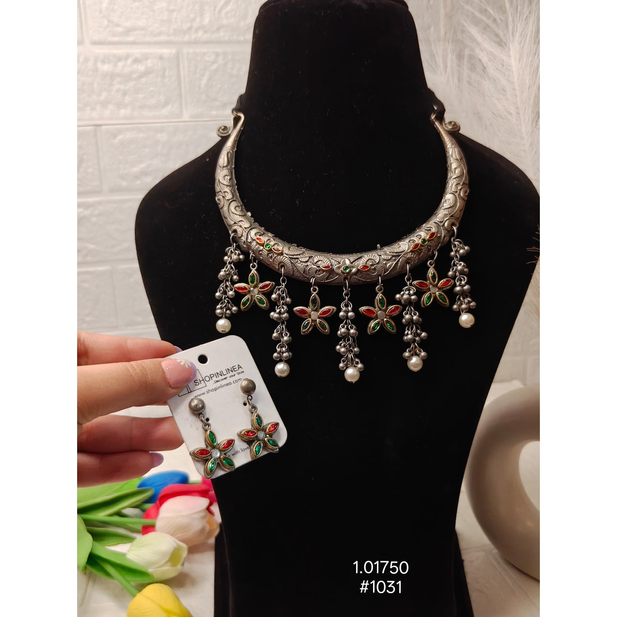 Oxidized Floral Hasli Necklace Set