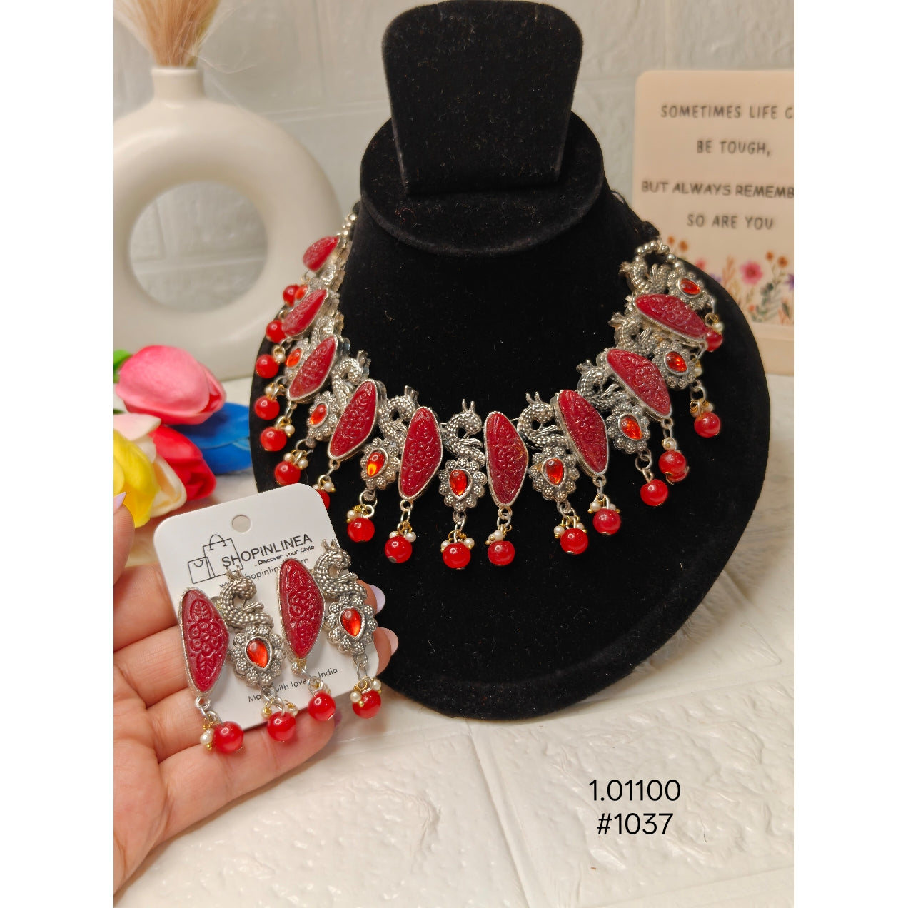 Oxidized Red Meenakari Necklace Set