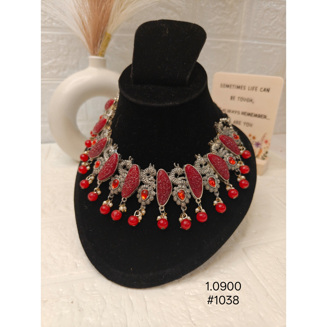 Oxidized Red Stone Statement Necklace