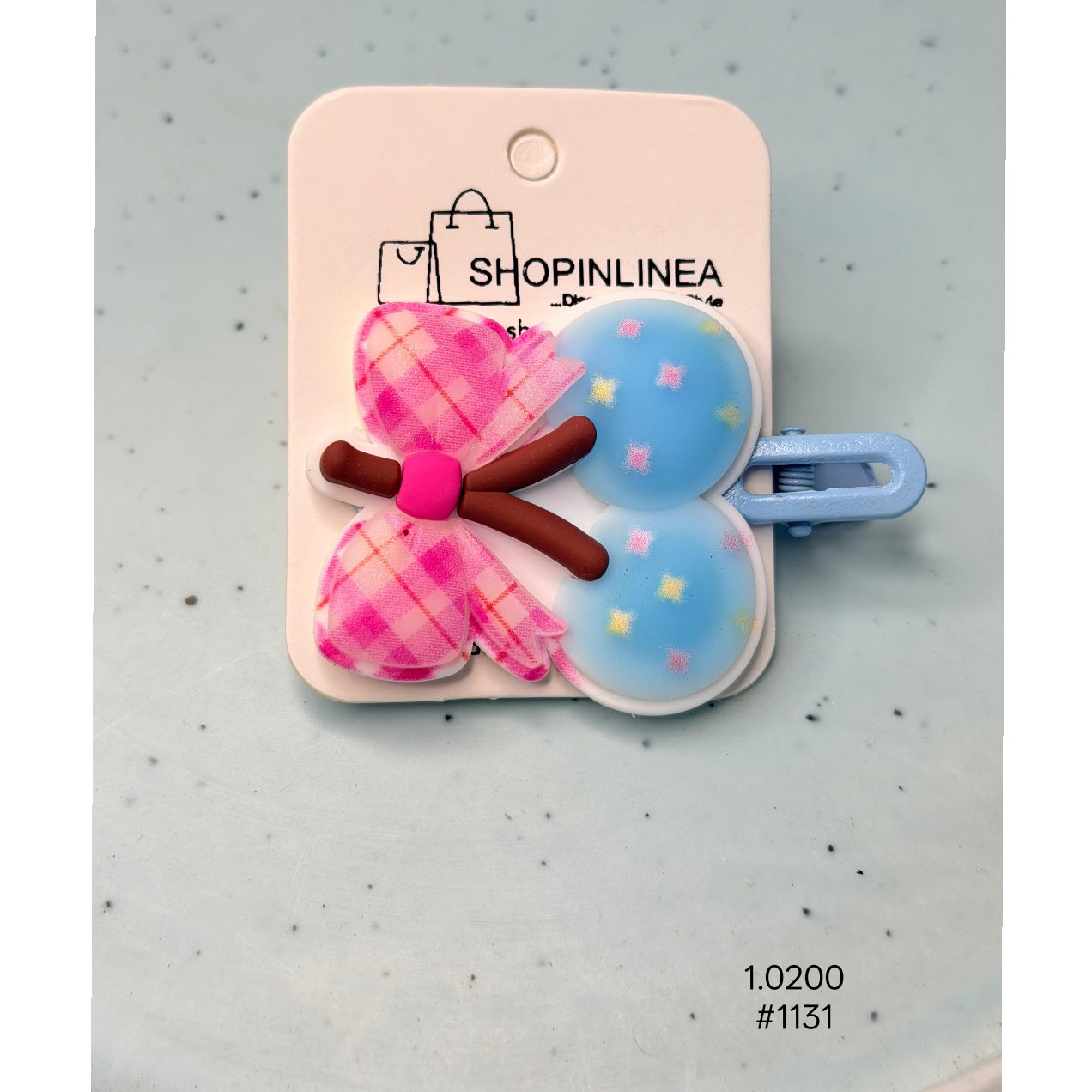 Cute Blue Cherry Hair Clip with Pink Plaid Bow
