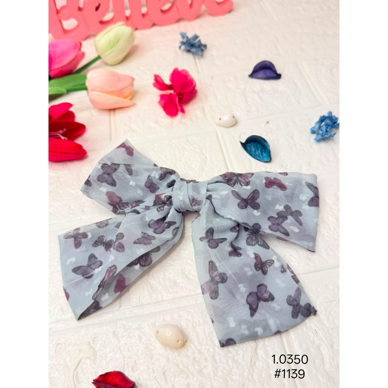 Grey Butterfly Print Oversized Bow Hair Clip