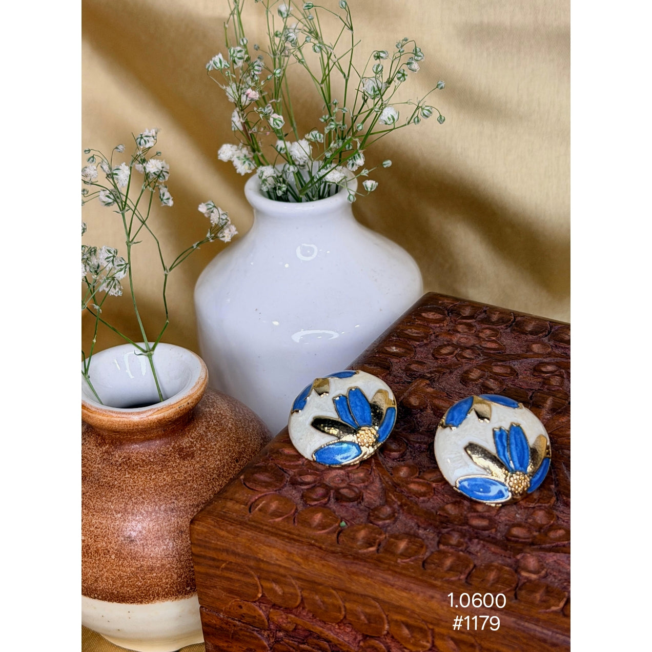 Blue Floral Enamel Round Stud Earrings