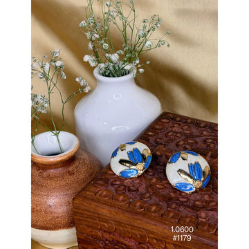Blue Floral Enamel Round Stud Earrings