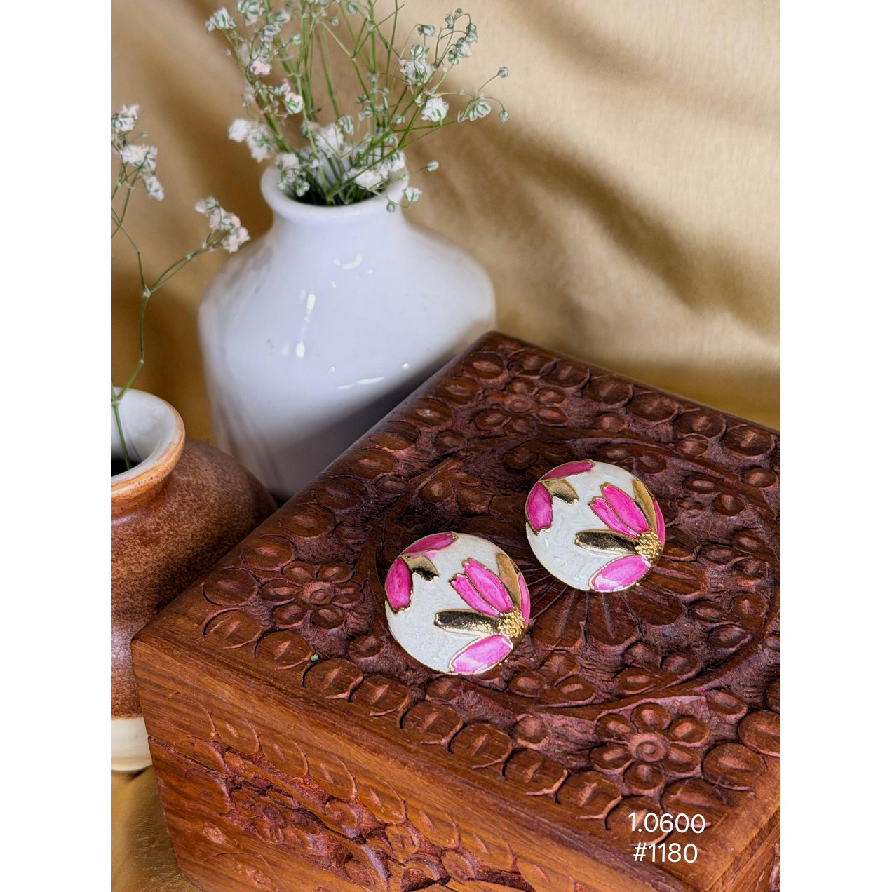 Pink Floral Enamel Round Stud Earrings