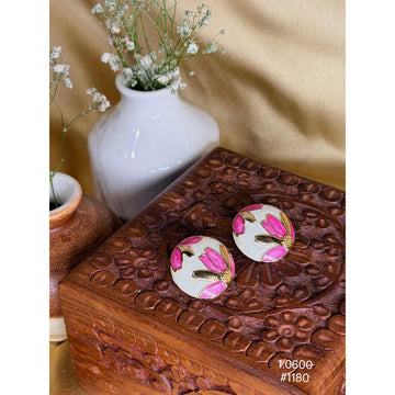 Pink Floral Enamel Round Stud Earrings