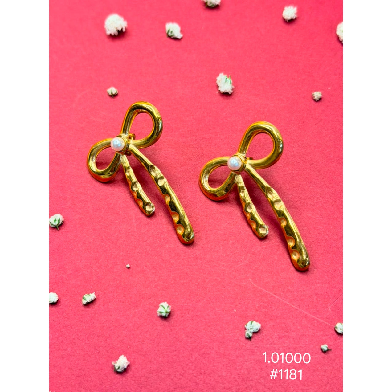 Gold Bow Pearl Stud Earrings
