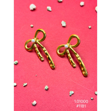 Gold Bow Pearl Stud Earrings