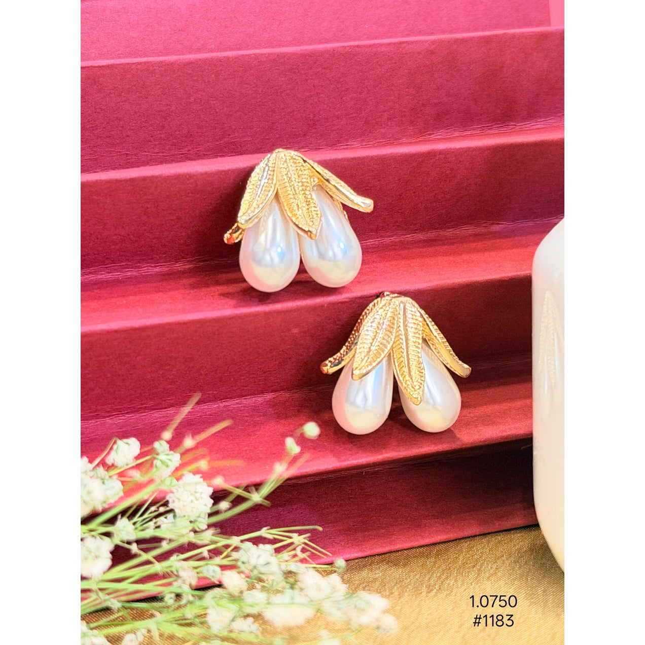Elegant Gold Leaf Pearl Drop Stud Earrings