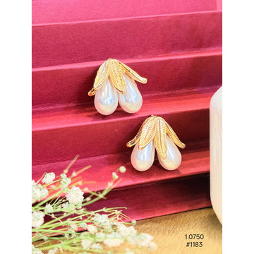 Elegant Gold Leaf Pearl Drop Stud Earrings