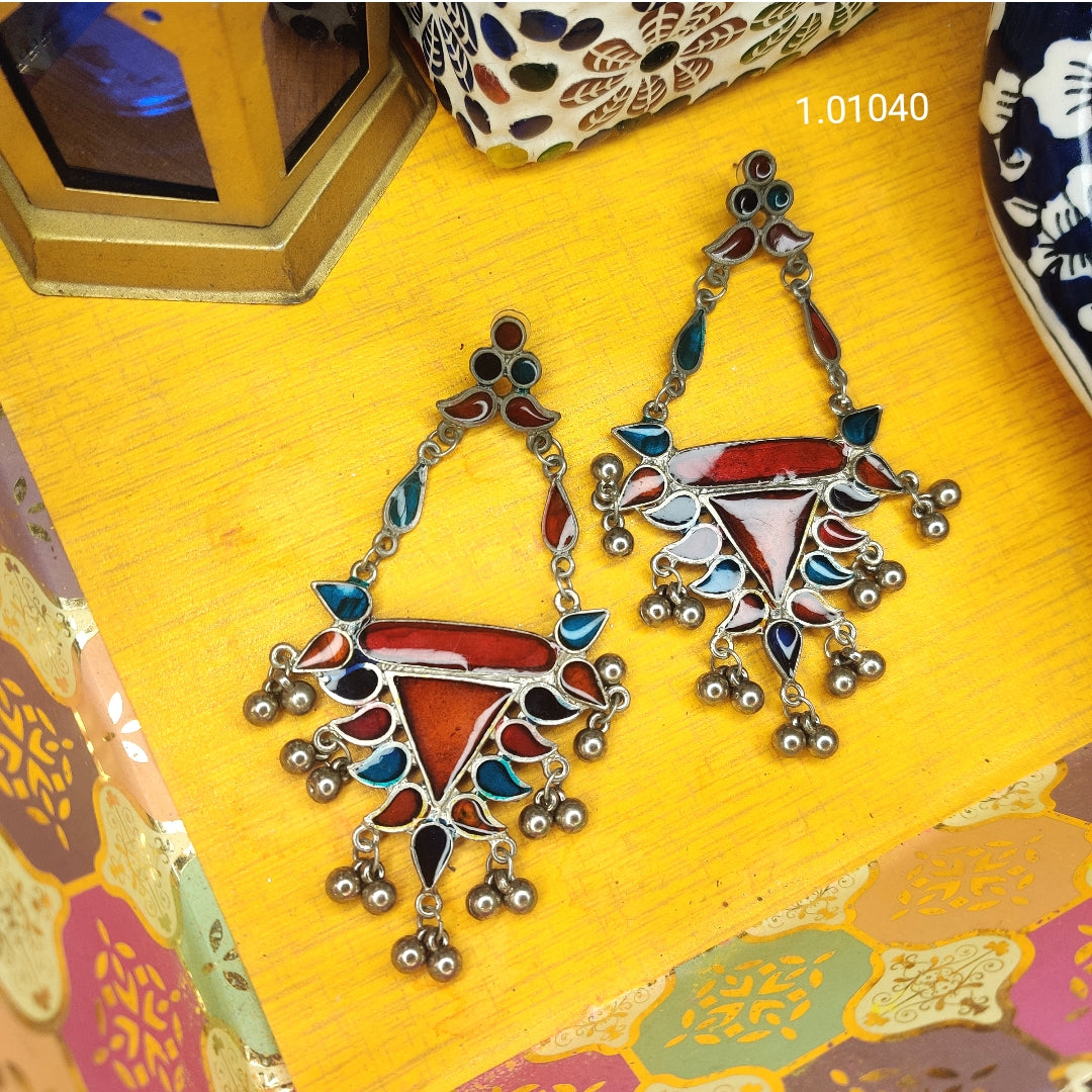 Black Polished Meenakari Drop Earrings