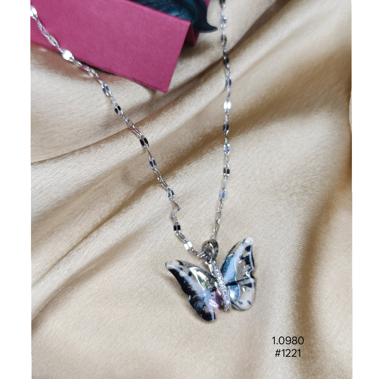 Silver-Plated Glass Butterfly Chain Pendant