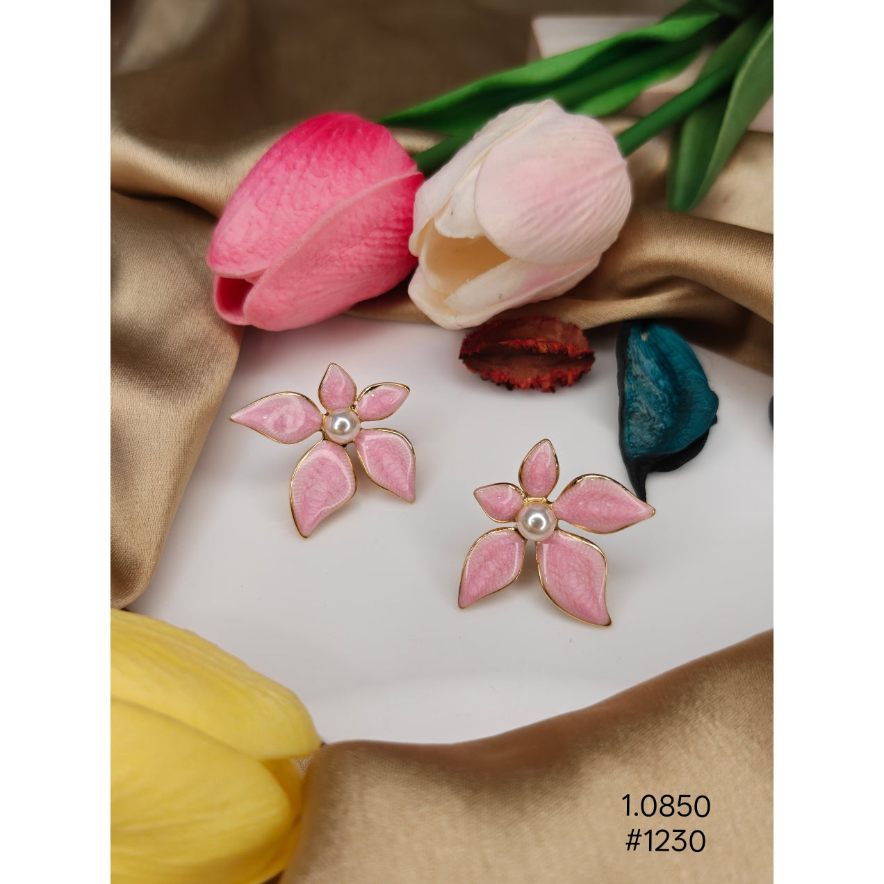 Pink Enamel Flower Pearl Stud Earrings