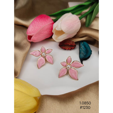 Pink Enamel Flower Pearl Stud Earrings