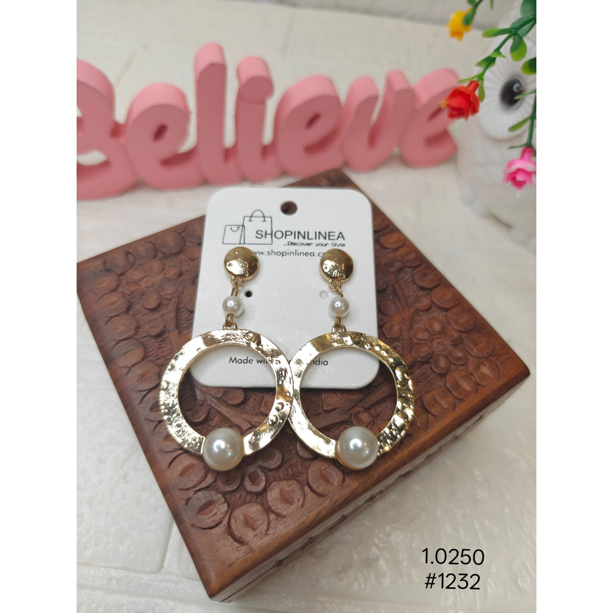 Gold Pearl Geometric Drop Earrings