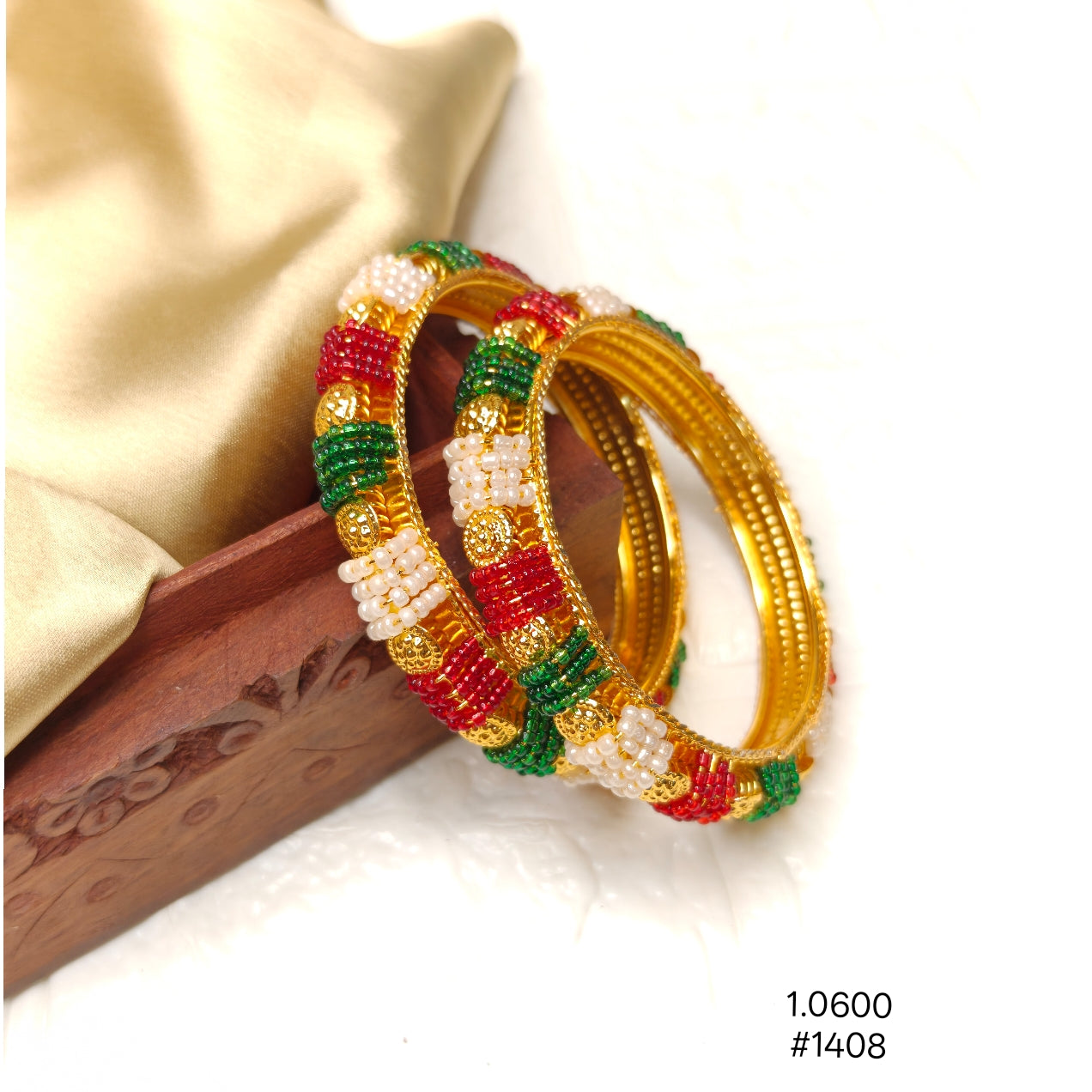 Gold-Plated Multicolor Glass Bead and Pearl Bangles