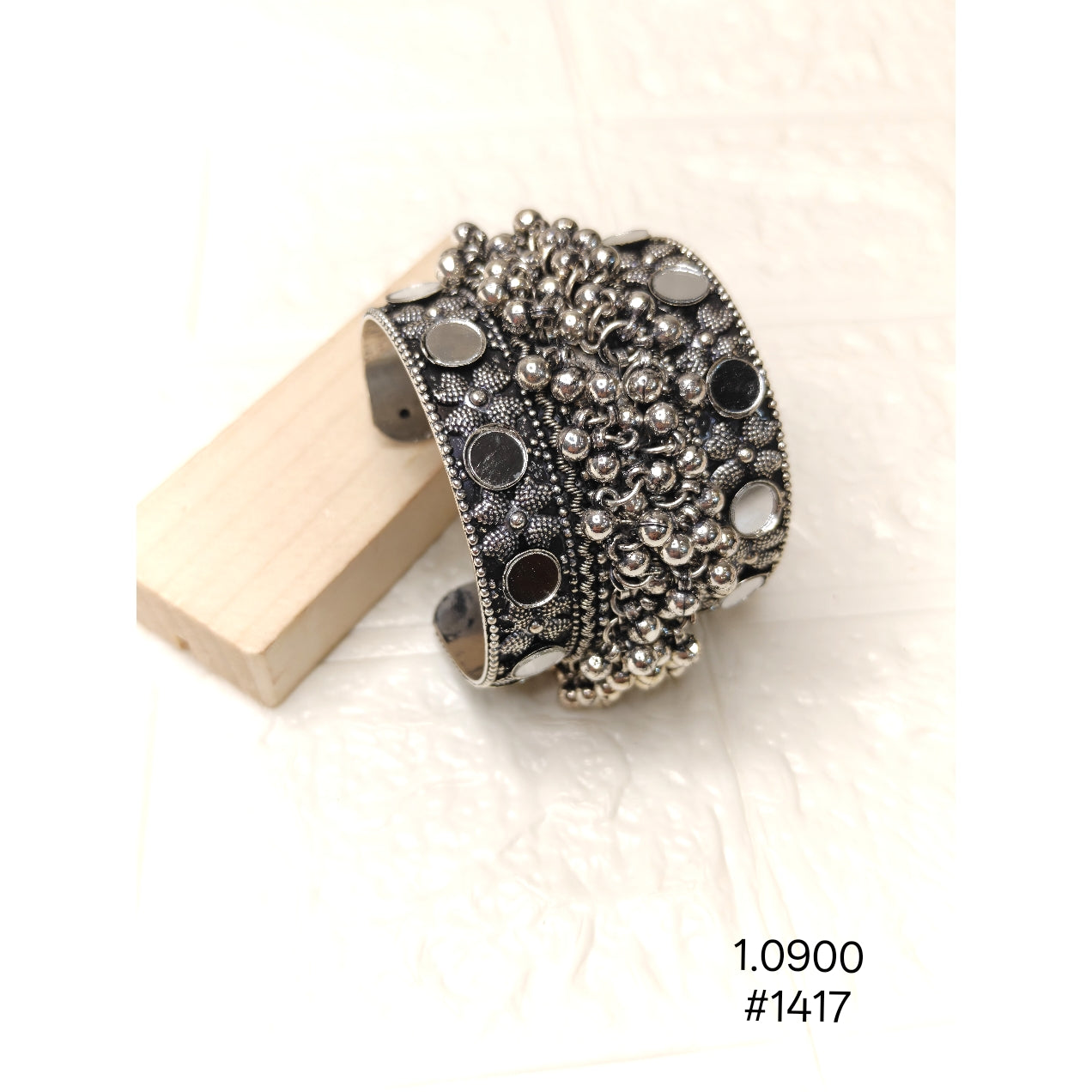Ethnic Silver Oxidised Afghani Ghungroo & Mirror Work Adjustable  Bracelet