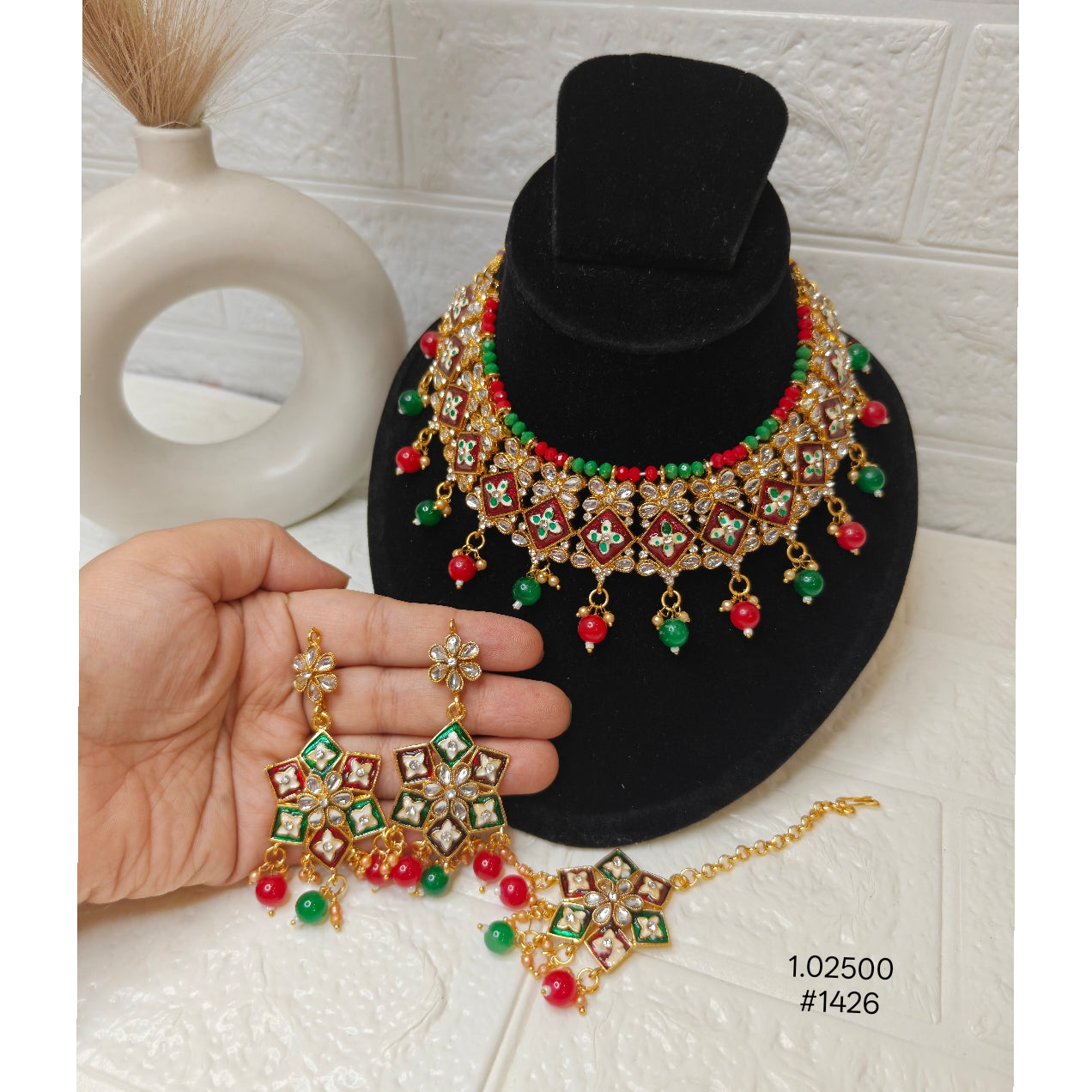 Red and Green Meenakari Necklace Set