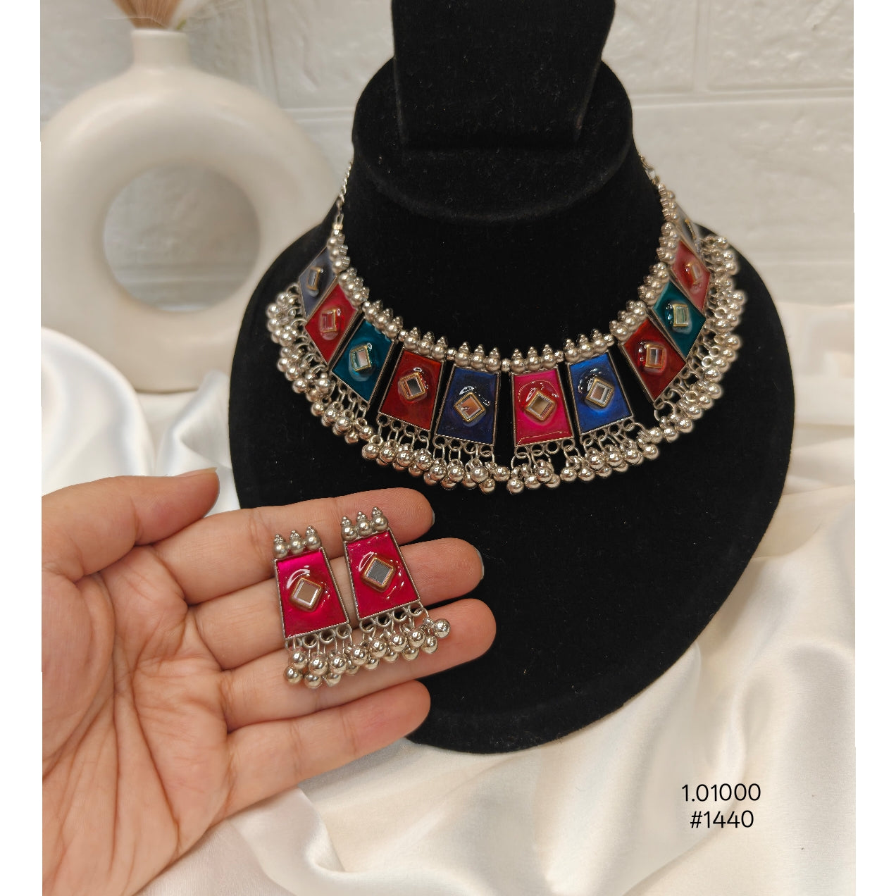 Multicoloured Meenakari Silver Necklace Set