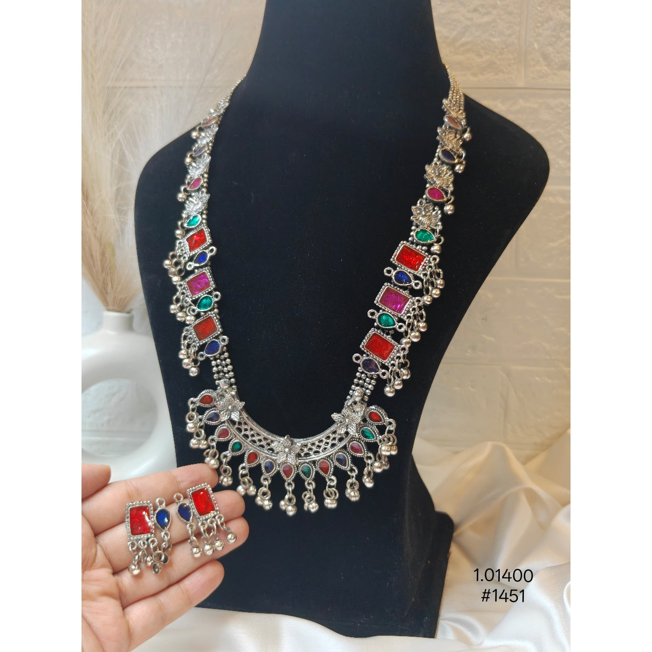 Multicolor Stone Silver Oxidized Long Necklace