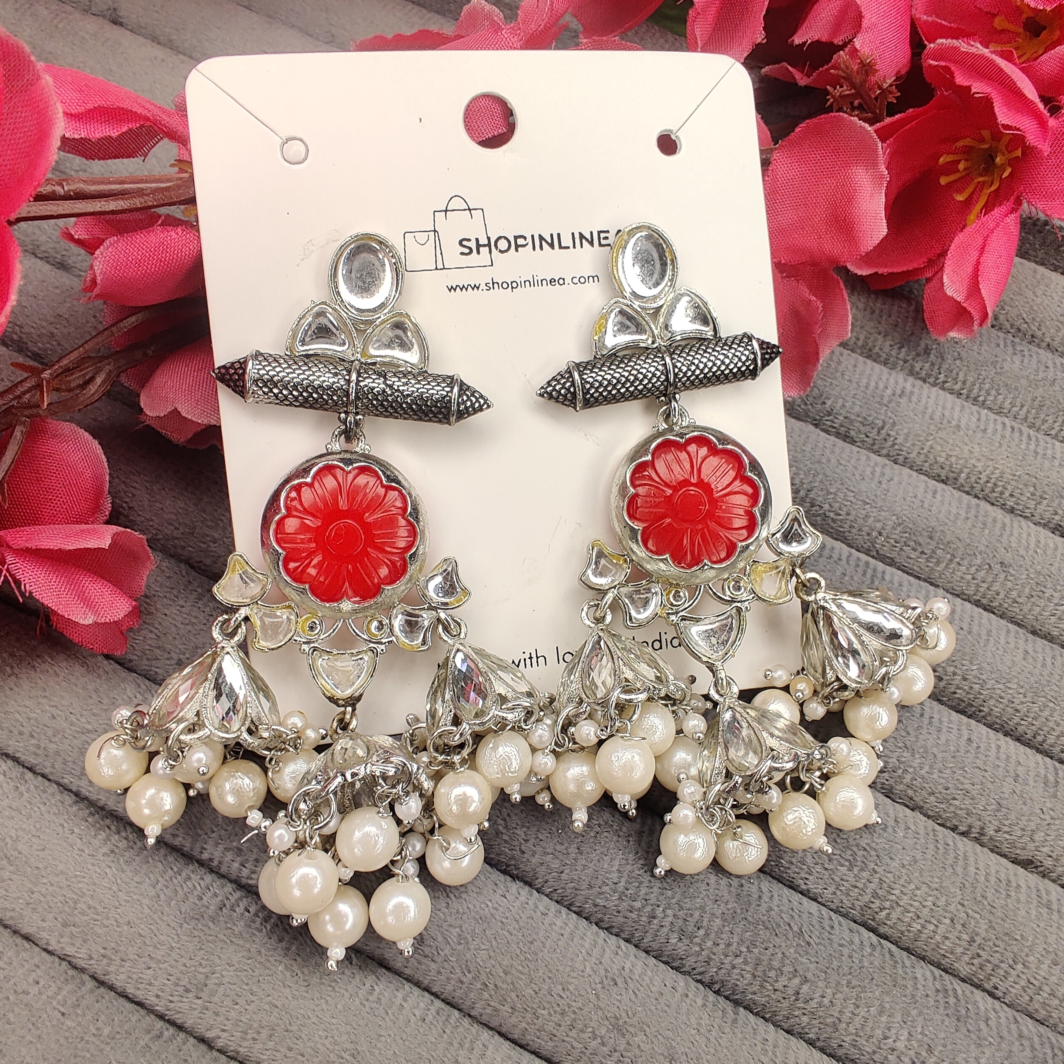 Silver Danglers with Red Stones
