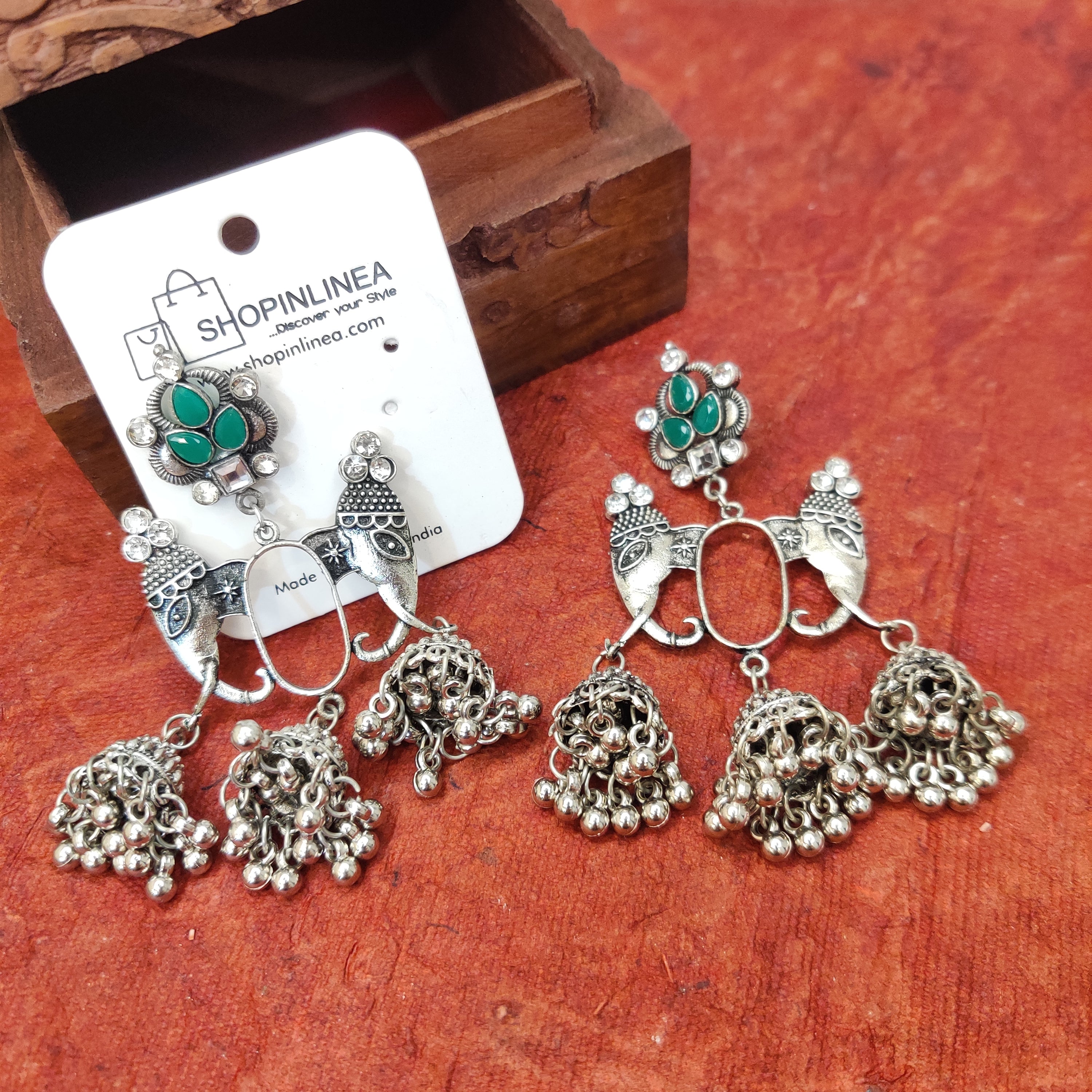 Elephant Charm Jhumki in Green Stones