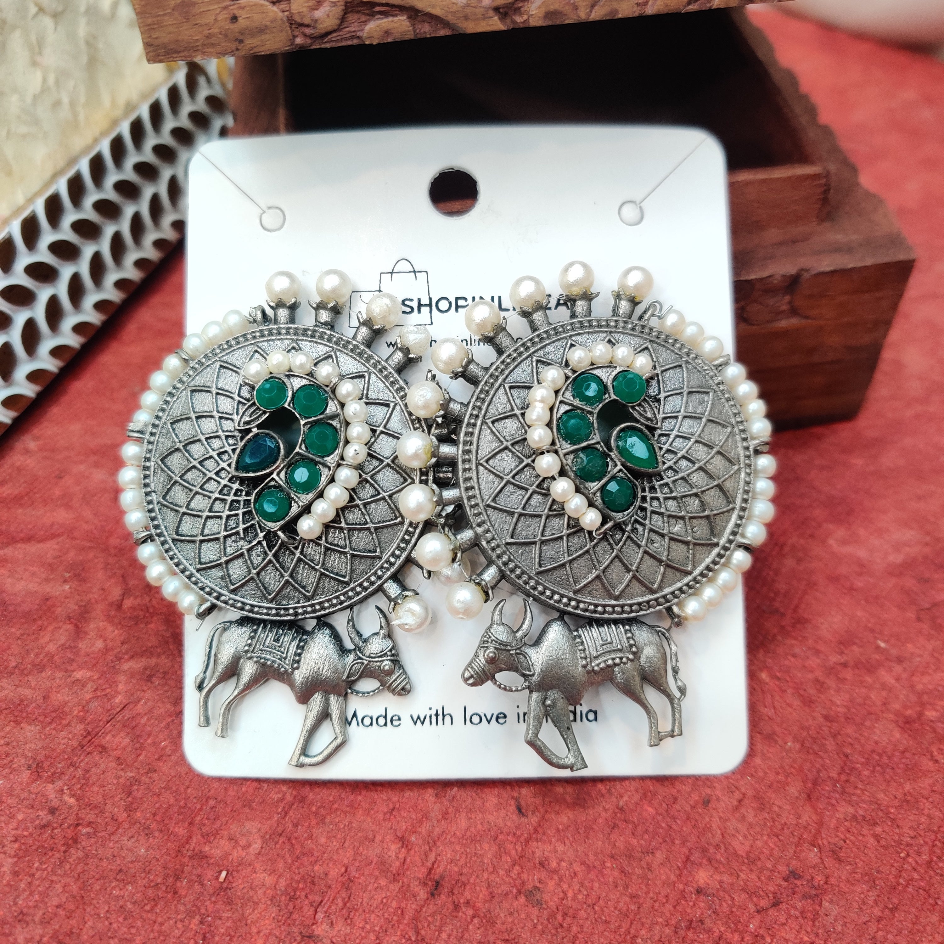 Big Silver Studs In Green Stones