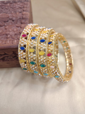 Set of 4 Pearl Bangles for Women – Multi-Color Ethnic Jewelry