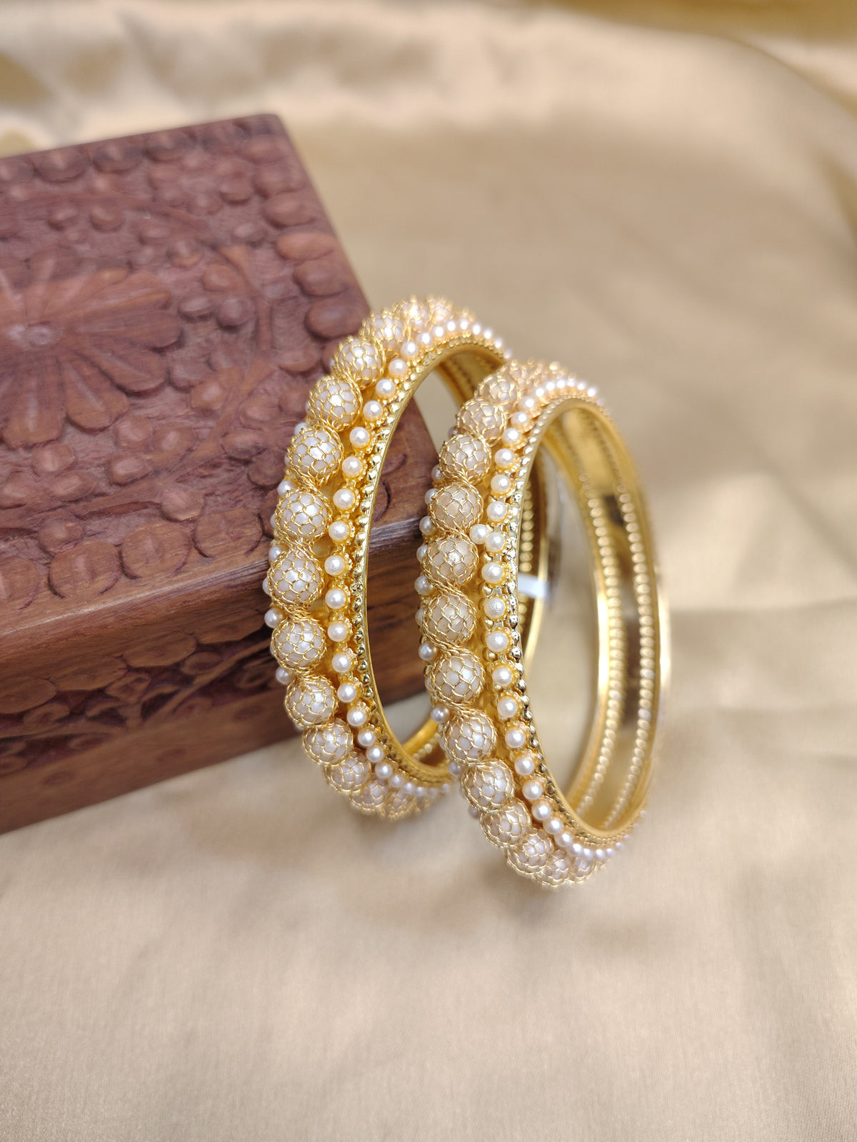 Luxury Gold Tone Pearl Covered Bangle Set