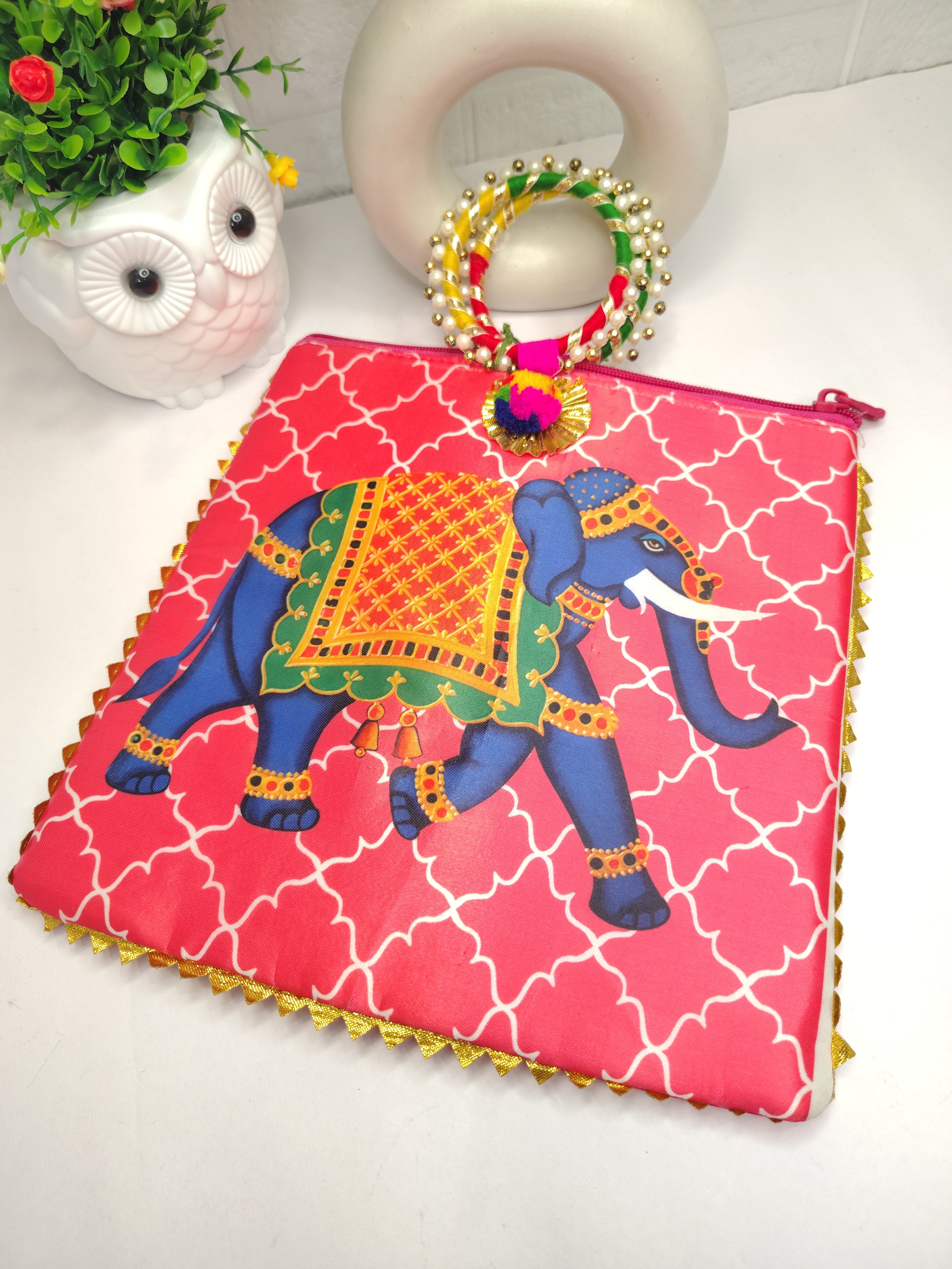 Elephant Print Pink Satin Potli Bag for Women