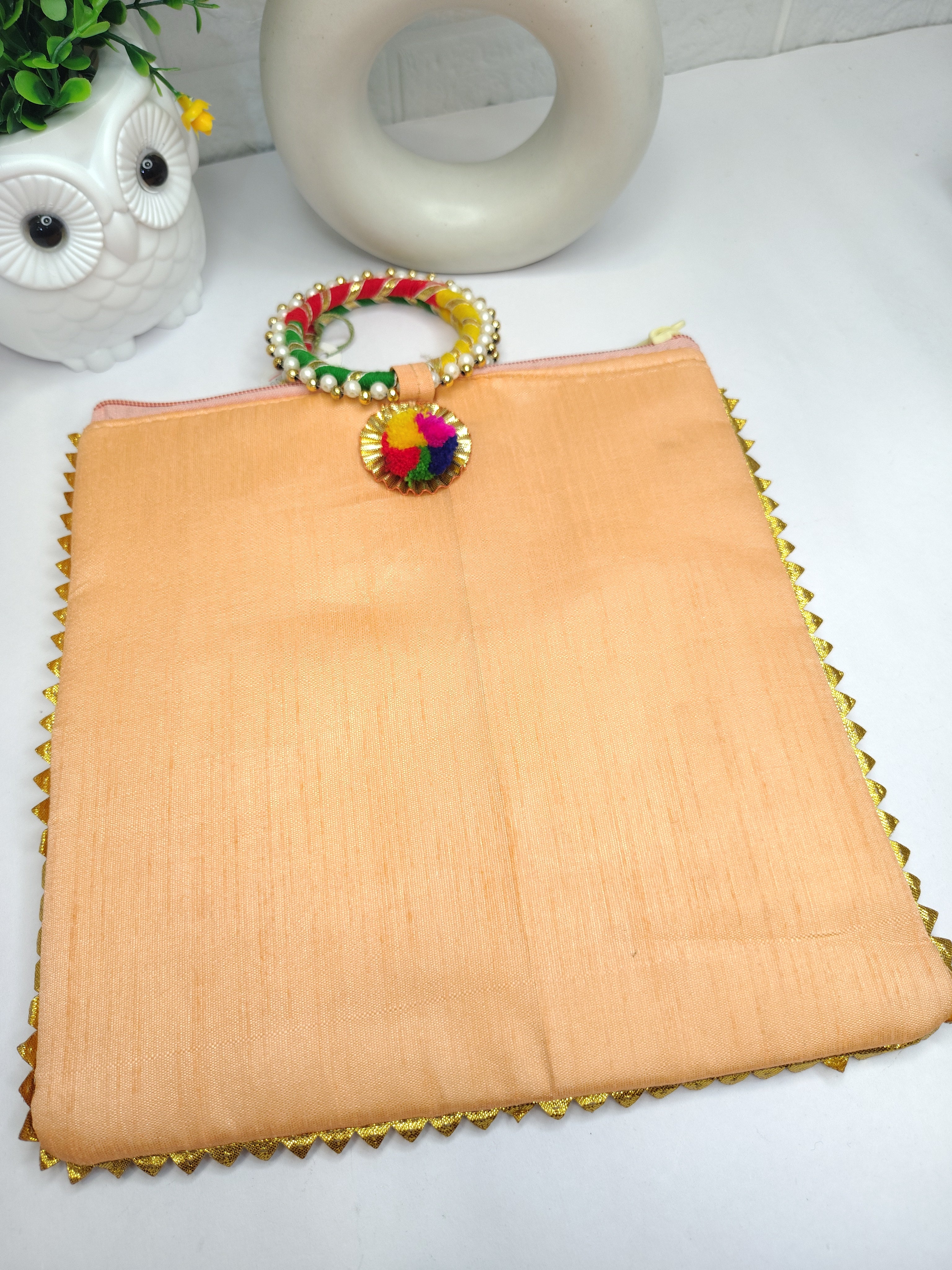 Elephant Print Peach Satin Potli Bag for Women