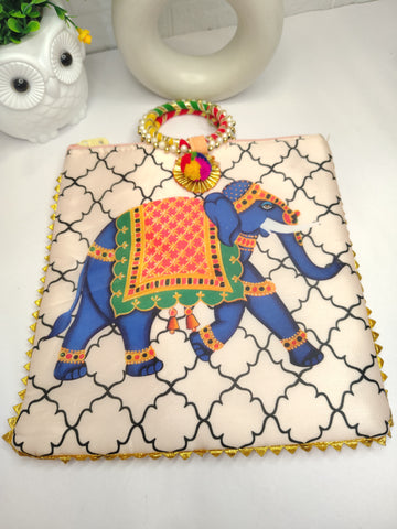 Elephant Print Peach Satin Potli Bag for Women