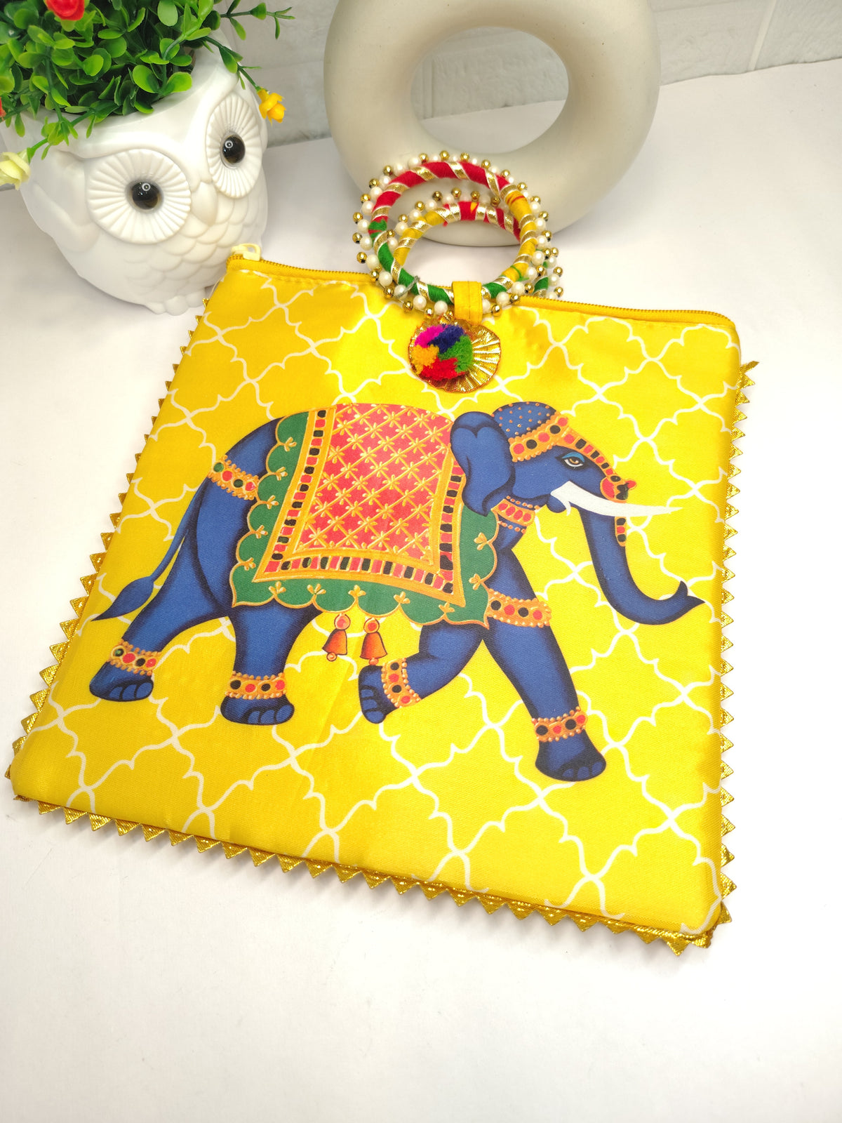 Elephant Print Yellow  Satin Potli Bag for Women