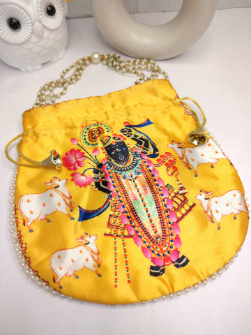 Elegant Shreenathji Yellow Satin Potli