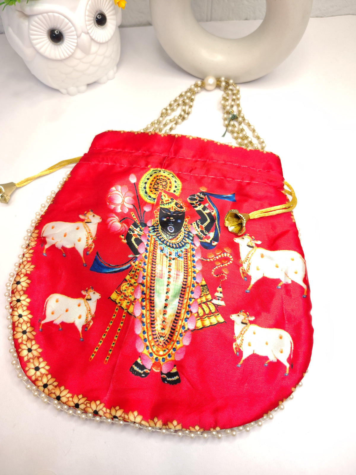 Elegant Shreenathji Red Satin Potli