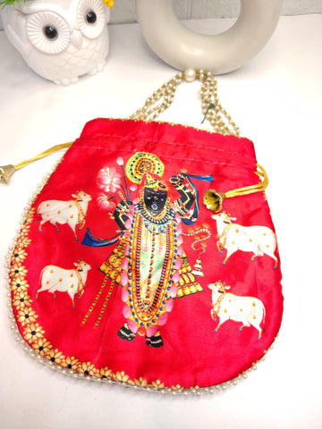 Elegant Shreenathji Red Satin Potli
