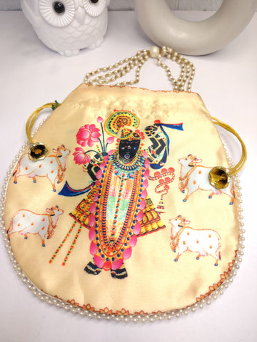 Elegant Shreenathji Peach Satin Potli