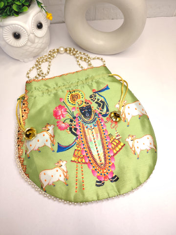 Elegant Shreenathji Green Satin Potli