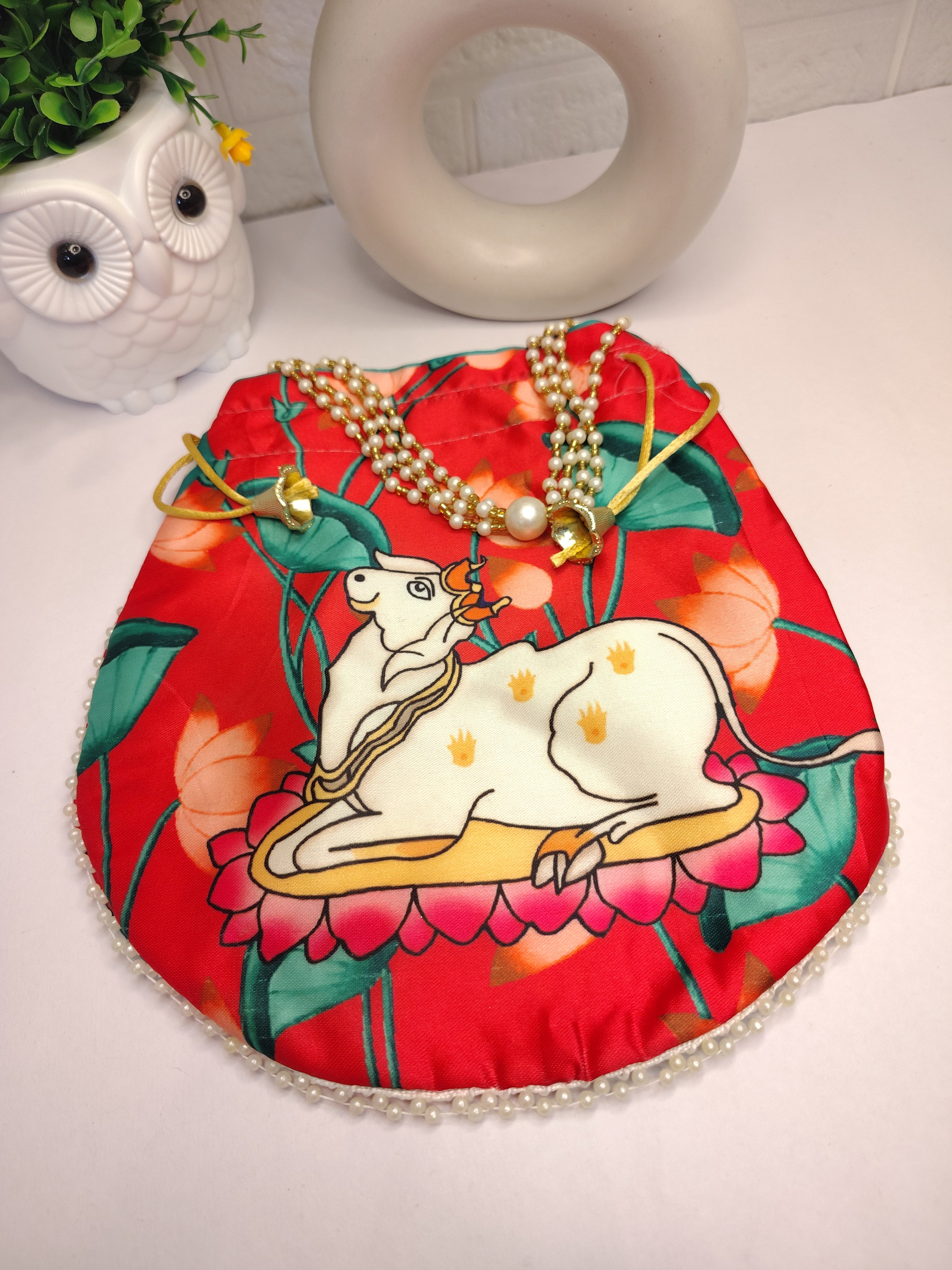 Pichwai Print Red Silk Potli