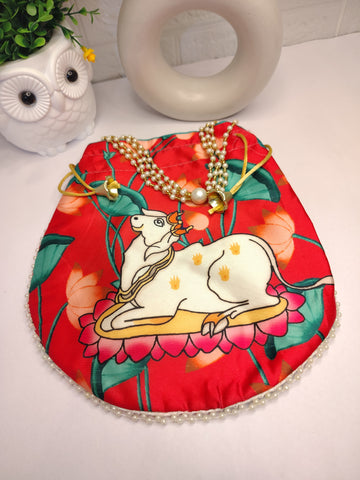 Pichwai Print Red Silk Potli