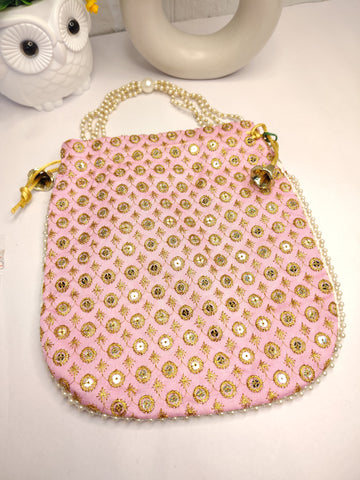 Stylish Pink Potli Bag with Intricate Embroidery