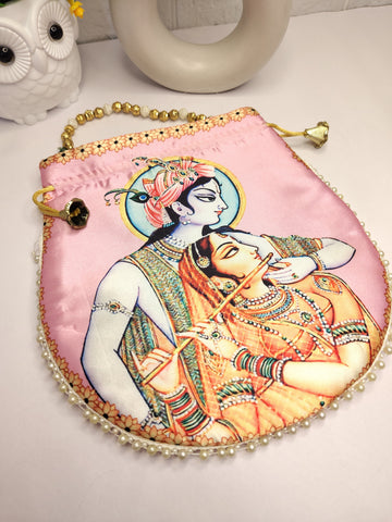 Handmade Radha Krishna Printed Potli Bag