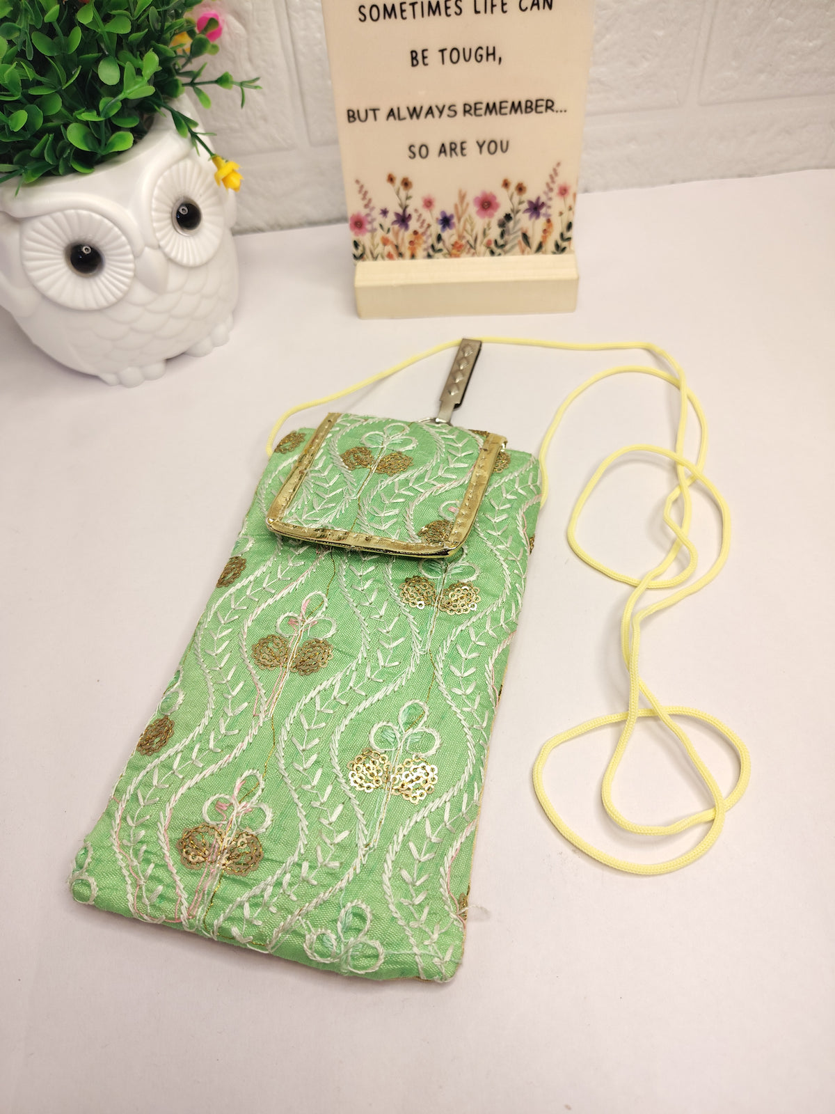 Ethnic Light Green Mobile Pouch Bag