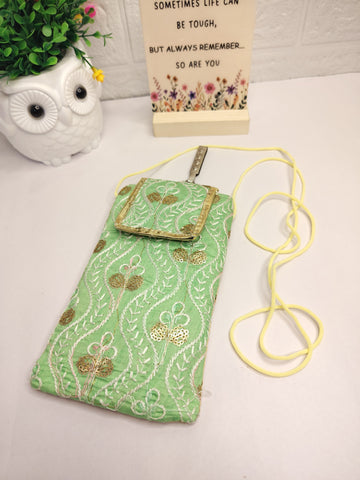 Ethnic Light Green Mobile Pouch Bag