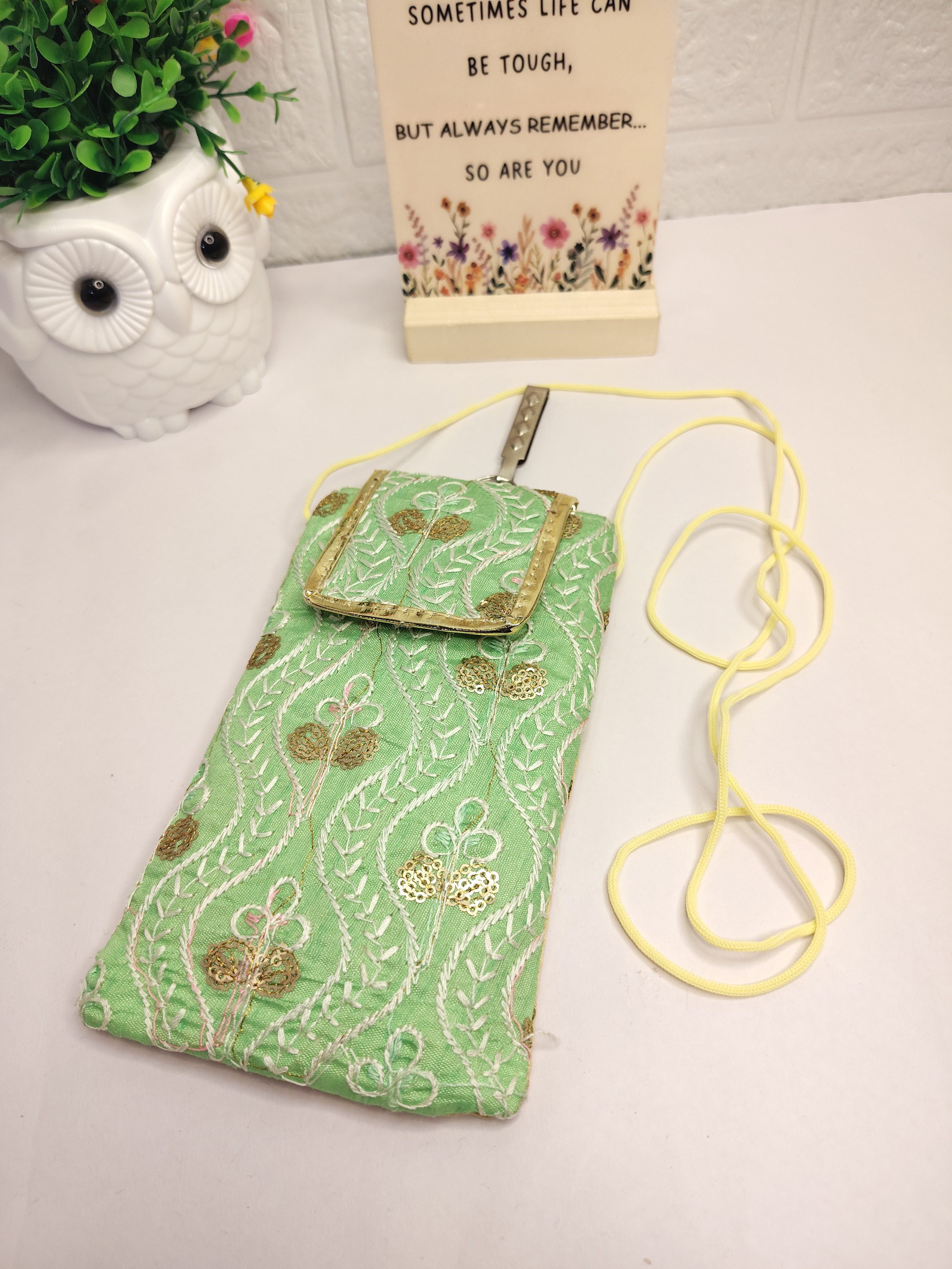 Ethnic Light Green Mobile Pouch Bag